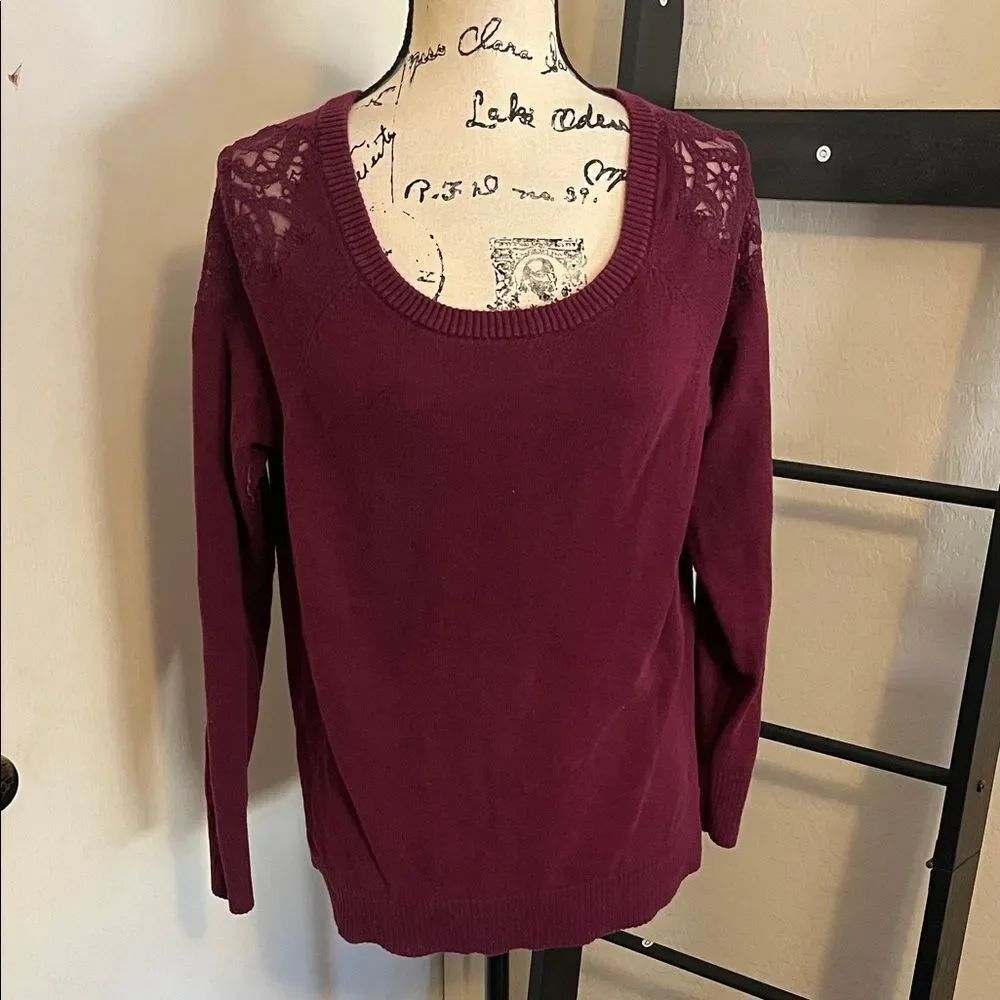 Torrid Burgundy Pullover Knit Lace Detailed Scoop Neck Sweater Modern Boho